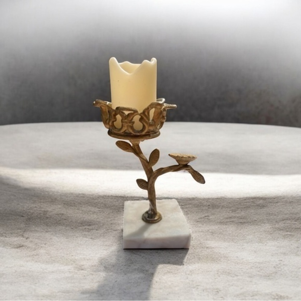 Vintage cast aluminum gold plated flower candle holder on marble base